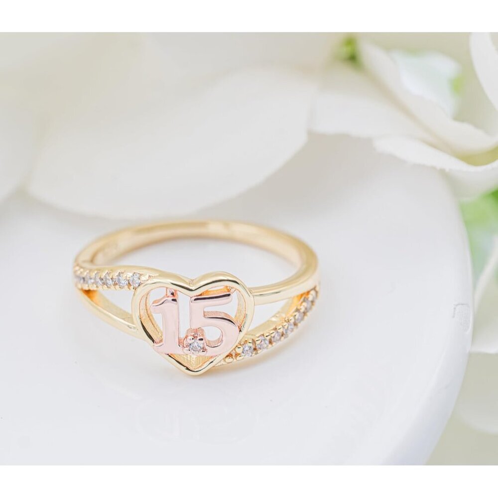 14K Gold-Plated Sterling Silver Heart & Tiara Ring for Quinceañera, Size 7, 15 C - Picture 4 of 4